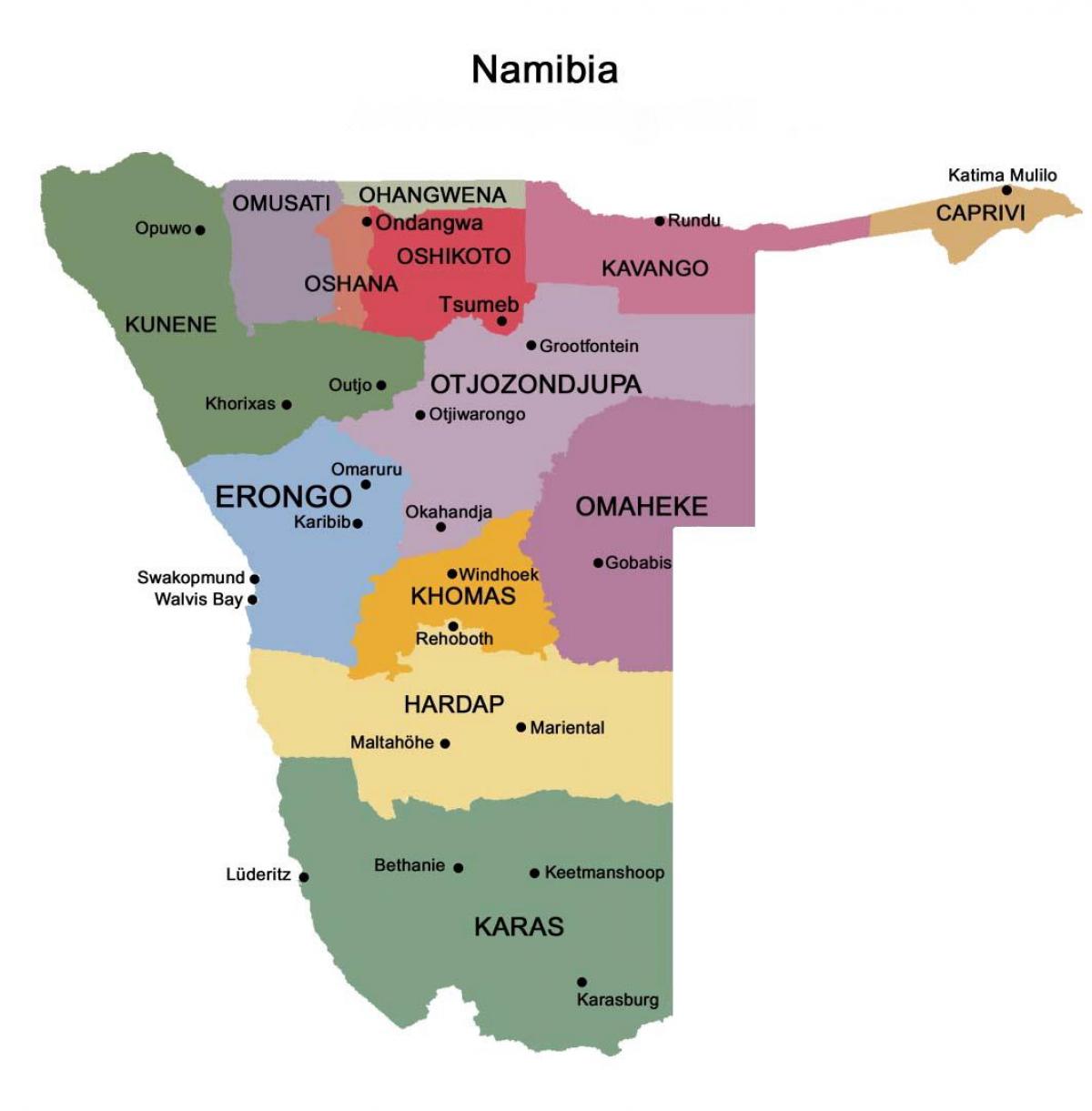 Harta e Namibisë me rajonet